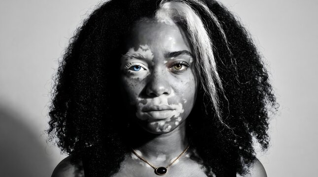 Cinematic monochrome portrait of a woman showcasing vitiligo skin patterns and multi-colored eyes with a white hair streak, emphasizing natural beauty and unique physical traits in studio