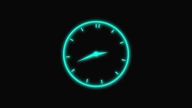 Cyan Neon Clock Face with Hands on Black Background time watch