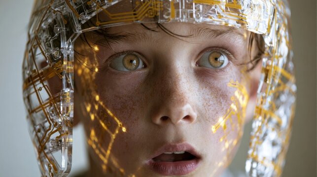 A young boy with wide light brown eyes looks upward in wonder, wearing a futuristic metallic headset with glowing golden circuit patterns on his face and head