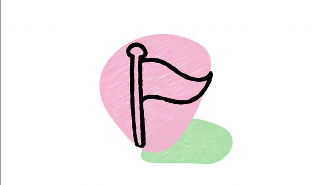 An animated hand-drawn red triangular pennant flag on a pole. Ideal for landmark pinpoints, map location flags, golf hole markers, and milestone achievements. 