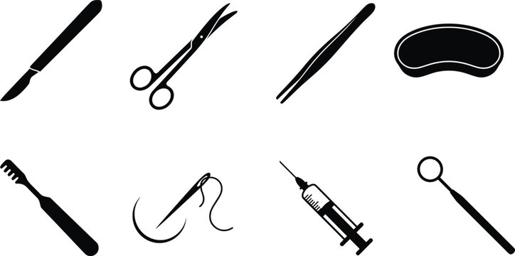 Set of black silhouette medical and surgical instrument icons on white background
