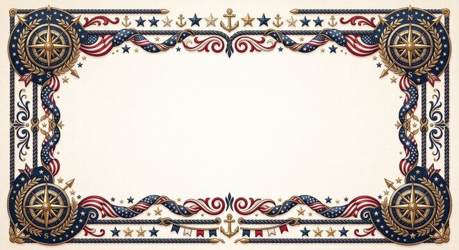 Premium patriotic nautical border with American flag bunting, gold compasses, and blank copy space.