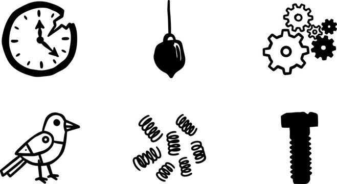 Naive illustration with clock gears bird springs and bolt symbols icon set