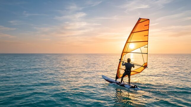 Windsurfer glides across the calm ocean waves under a vibrant golden sunset sky while holding an orange sail in summer