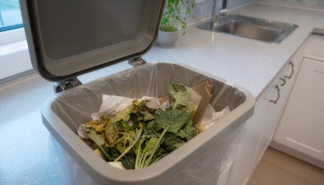 Wilted spinach and leafy greens in a kitchen trash bin, dry edges and faded green color.