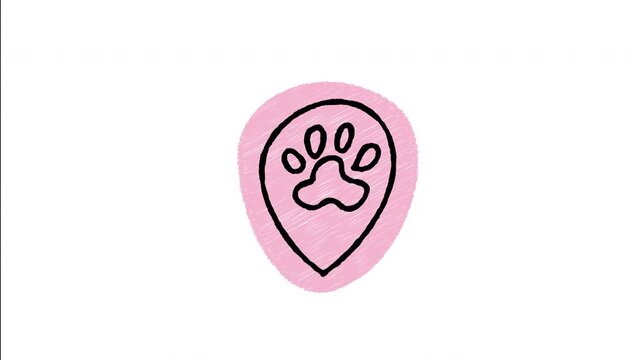 An animated hand-drawn map pin marker featuring a paw print for lost pets. Great for pet search networks, missing animal alerts, location tracking, and rescue apps. 
