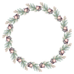 Watercolor acorn frame with autumn oak leaves design. Hand drawn nut form a round botanical wreath. Great for card invitation and season label. Natural graphic suits greeting and harvest print. © NadyaSaen 