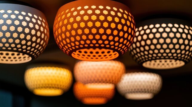 Collection of hanging pendant lamps with hexagonal perforated shades