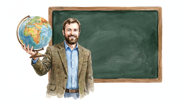 Smiling male professor holding a world globe next to a green chalkboard for geography class