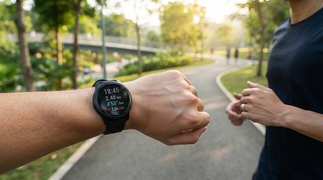 First-person view of a runner wearing a digital sports watch during a morning jog in a park.