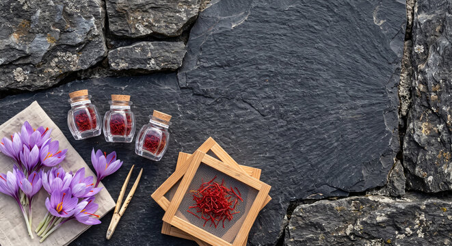 Top down photograph of Swiss Alpine Saffron Crocus harvesting on stone wall