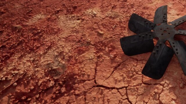 The ground shows dry and cracked earth with light brown and reddish hues. A metal fan blade rests on the soil. This scene appears in an outdoor environment during daytime.