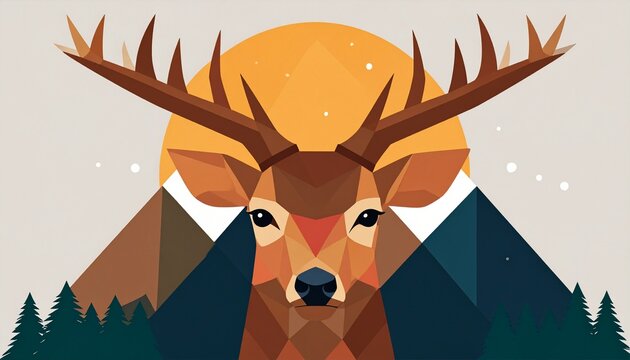 Geometric deer illustration with mountains and sun, low poly stag head vector design
