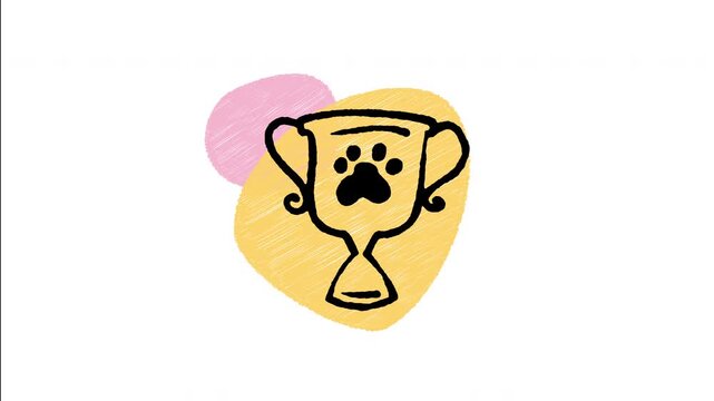 An animated hand-drawn trophy cup award with a paw print badge. Ideal for pet competition awards, dog agility shows, animal contest winners, and championship honors. 