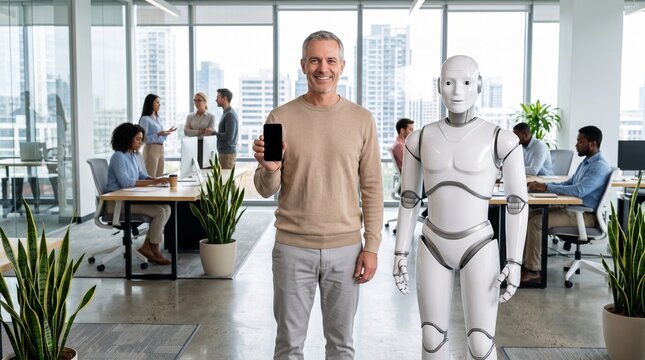 Smiling businessman and humanoid robot standing together in a bright, modern corporate office
