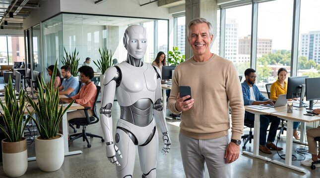 Smiling businessman and humanoid robot standing together in a bright, modern corporate office