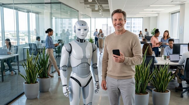 Smiling businessman and humanoid robot standing together in a bright, modern corporate office