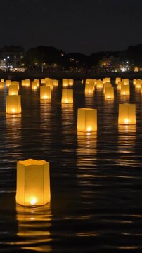 Serene Paper Lanterns Floating on Water at Night Generative AI