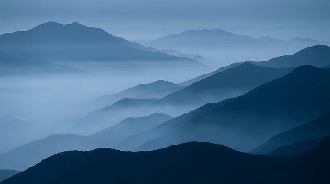 Blue mountain range landscape with misty fog layers at sunrise or sunset