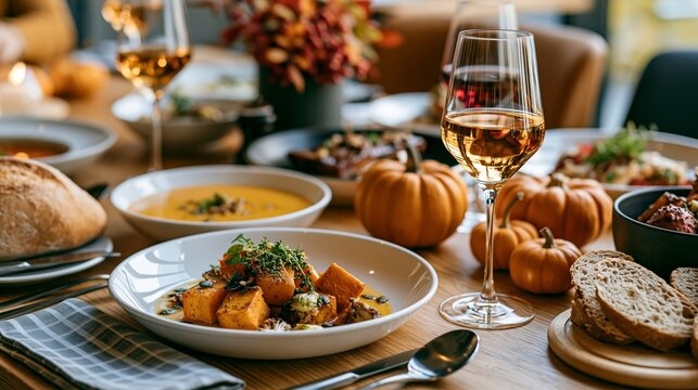 Bright restaurant table set for autumn with pumpkin dishes and warm bread in daylight Generative AI