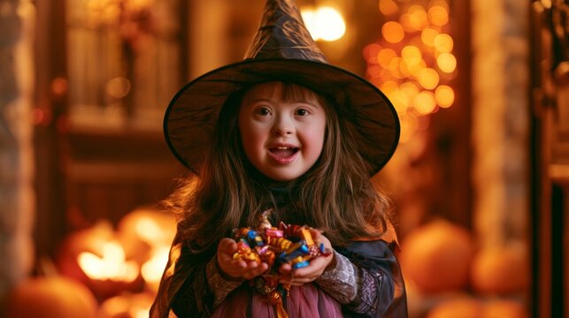 Girl with Down syndrome in a Halloween costume smiling at the camera.