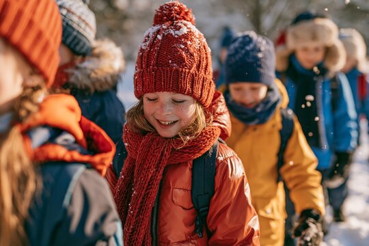 Children walk in a snowy park wearing colorful jackets and hats during a bright winter day Generative AI