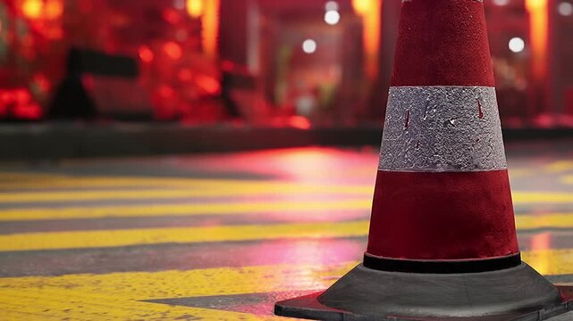 A traffic cone stands on a yellow striped crosswalk in a city at night. Red lights reflect off the wet pavement. The scene shows urban infrastructure and nighttime activity.