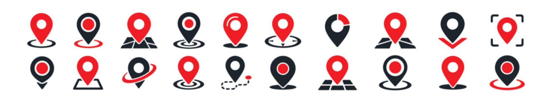 location pin and map marker icon set with editable style for navigation, gps, geolocation, address, mapping, travel, destination and wayfinding
