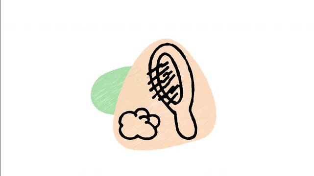 An animated hand-drawn pet hairbrush tool with a collected fur ball. Great for dog and cat grooming salons, pet shedding care, fur maintenance, and animal hygiene. 