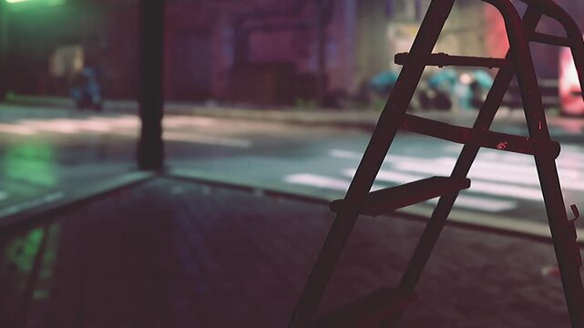 A ladder is leaning against a wall in a city street. The scene shows light reflections on the wet pavement. People can be seen walking in the distance.