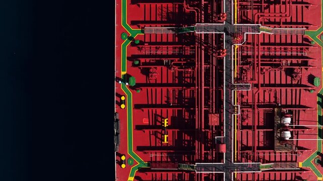Aerial view of the red deck of the Fuel Oil Terminal with industrial piping and equipment in Manggis, Bali, Indonesia.