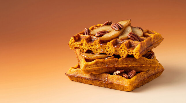 Stack of delicious pumpkin spice waffles topped with pears and pecans