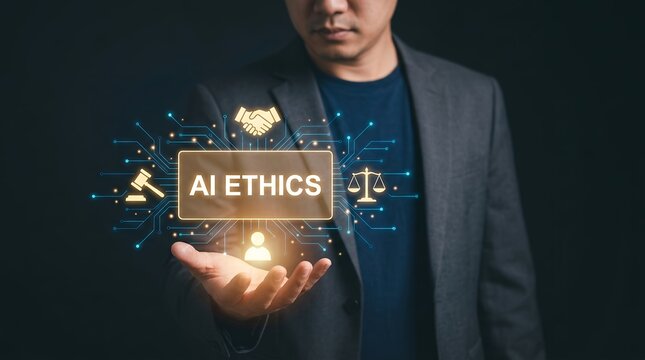 A person holds a glowing digital interface displaying AI ETHICS with symbols of a handshake gavel scales of justice and a stylized person artificial intelligence responsibility
