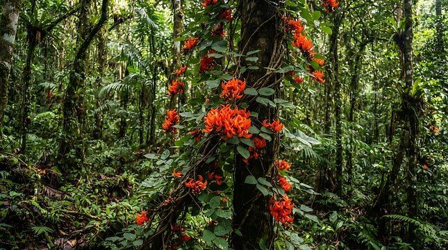 Vibrant flame-butea superba flowers climbing up a tree trunk amidst the lush green foliage of a dense tropical rainforest jungle.