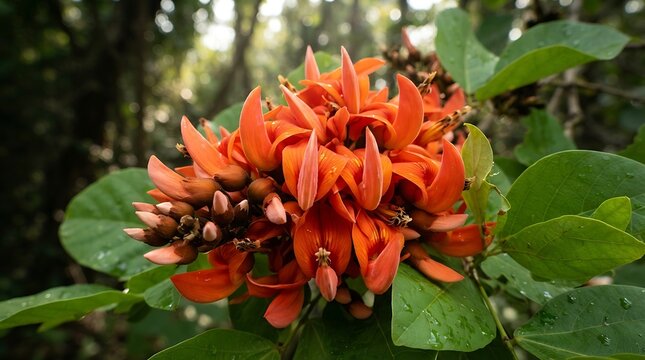 Vibrant flame-butea superba flowers blooming with bright orange petals and lush green leaves in a tropical forest setting.