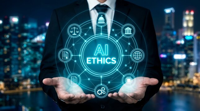 Businessman holding a glowing digital interface displaying AI Ethics surrounded by icons representing law government documentation global connectivity and technology artificial intelligence