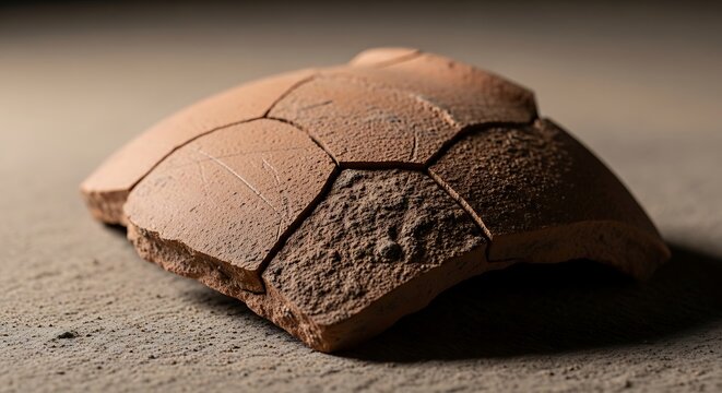Fragment of ancient broken terracotta pottery shard with artifact, archaeology