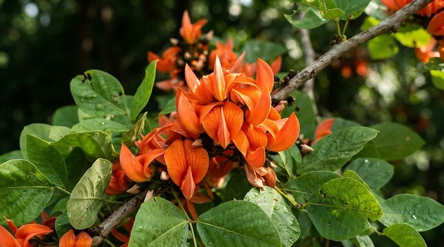 Vibrant orange flowers of flame-butea superba blooming on branches with green leaves wet with raindrops in a tropical forest garden.