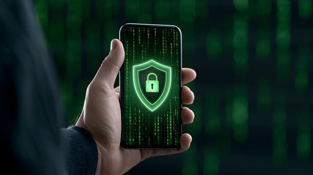 close up of a hand holding a modern smartphone displaying a glowing security shield with a lock icon, green digital code floating in the background, dark technology environment, realistic commercial
