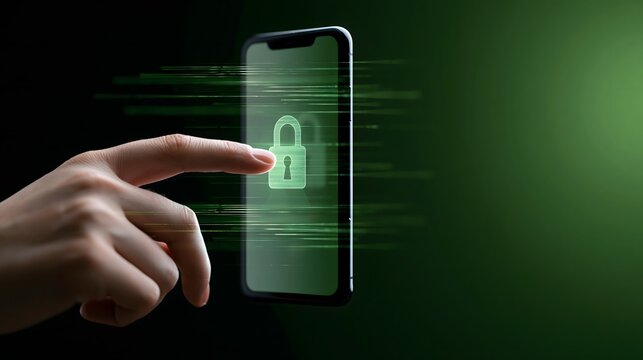 smartphone cybersecurity concept, hand touching a holographic lock symbol on a mobile screen, subtle digital data streams surrounding the device, dark background with green technology light,