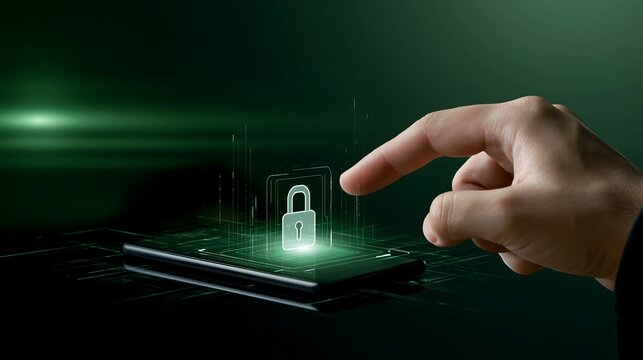 smartphone cybersecurity concept, hand touching a holographic lock symbol on a mobile screen, subtle digital data streams surrounding the device, dark background with green technology light,
