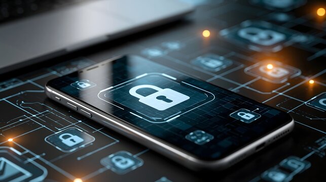 secure communication concept, smartphone displaying encrypted messaging interface with digital lock icons and secure network connections, dark technology background, realistic commercial photography
