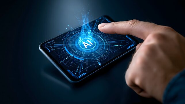 artificial intelligence cyber defense concept, smartphone with AI security interface analyzing threats through digital visualization, futuristic dark environment, realistic technology illustration,