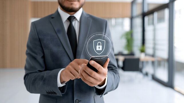 enterprise mobile security concept, business professional using a secure smartphone in a modern office, digital protection interface visible around the device, realistic commercial photography,