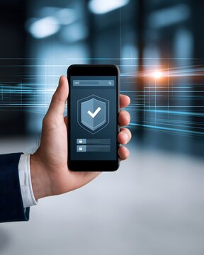 internet security concept, hand holding smartphone with secure browsing interface, subtle cybersecurity graphics and encrypted data streams, premium technology atmosphere, realistic digital