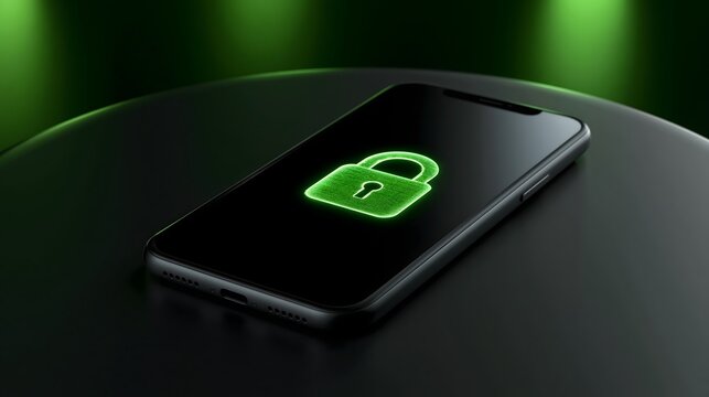 mobile security still life, modern smartphone positioned on a dark surface with holographic lock icon and soft green digital reflections, premium product photography, sophisticated cybersecurity