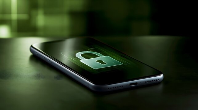 mobile security still life, modern smartphone positioned on a dark surface with holographic lock icon and soft green digital reflections, premium product photography, sophisticated cybersecurity