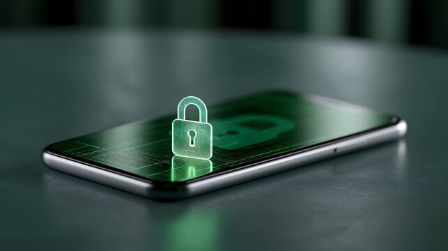 mobile security still life, modern smartphone positioned on a dark surface with holographic lock icon and soft green digital reflections, premium product photography, sophisticated cybersecurity