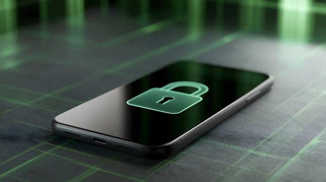 mobile security still life, modern smartphone positioned on a dark surface with holographic lock icon and soft green digital reflections, premium product photography, sophisticated cybersecurity