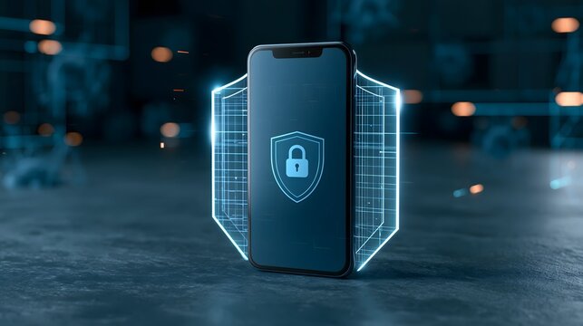cyber attack prevention concept, smartphone shielded by glowing digital barriers while abstract threats remain outside the protection layer, dark environment, realistic technology visualization
